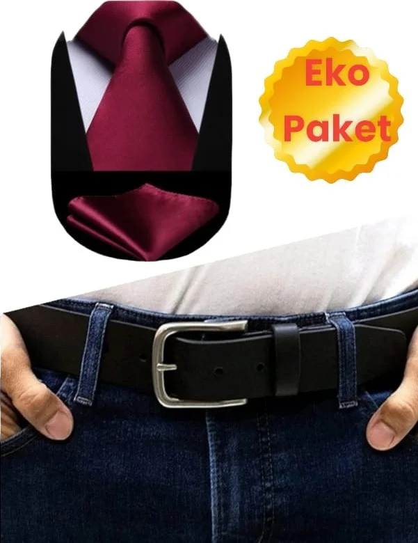 Tezzgelsin Men's Canvas Jeans Belt and Satin Tie Handkerchief Set