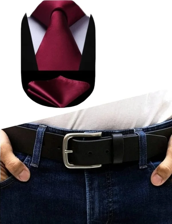 Tezzgelsin Men's Canvas Jeans Belt and Satin Tie Handkerchief Set