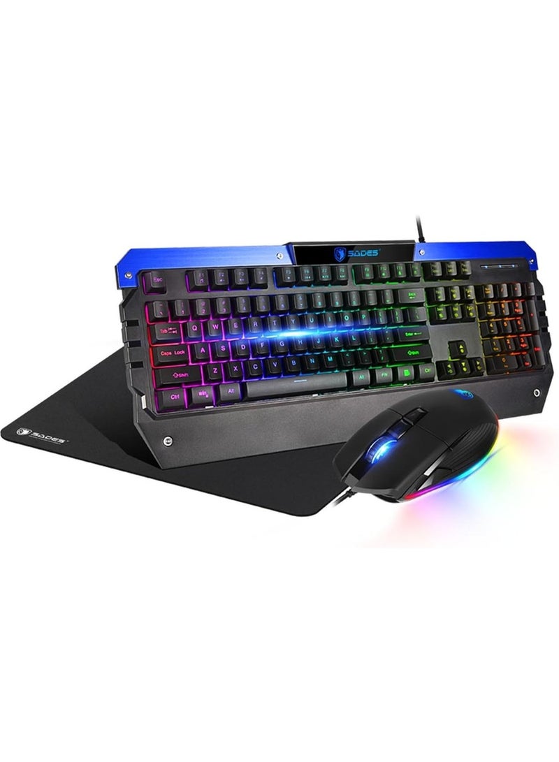 ساديس مجموعة ألعاب Sades Battle Ram، لوحة مفاتيح غشائية RGB بـ 104 مفتاح، ماوس RGB، مقاوم للماء، أزرار ماوس قابلة للتخصيص، وسادة ماوس - Image 1