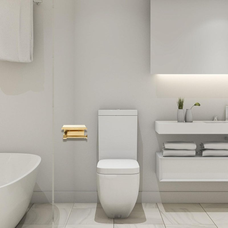 Gold Bathroom Paper Holder with Phone Shelf No-Drill Wall-Mounted Multi-use Toilet Paper Rack for Bathroom Storage - Image 4