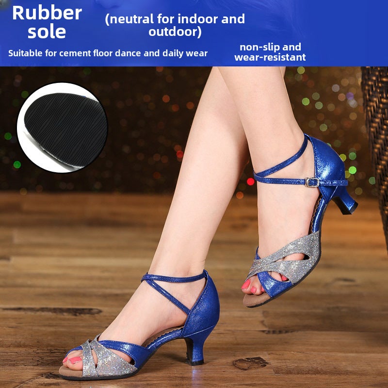 Generic 2021 Ladies Latin Dance Shoes Mid-Heel Sandals for Summer Blue 5.5CM rubber bottom