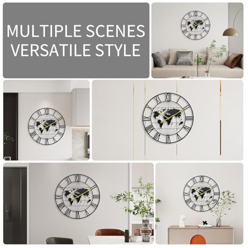 Nubilous Large World Map Analog Wall Clock,Metal Minimalist Modern Clock,Round Silent Non-Ticking Battery Operated for Living Room/Home/Kitchen/Bedroom/Office/School Decor(Black(DA-3),50CM) - Image 3
