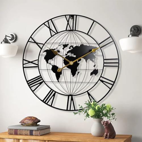 Nubilous Large World Map Analog Wall Clock,Metal Minimalist Modern Clock,Round Silent Non-Ticking Battery Operated for Living Room/Home/Kitchen/Bedroom/Office/School Decor(Black(DA-3),50CM) - Image 1