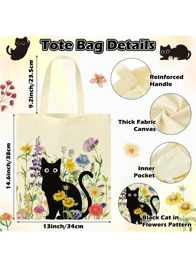 laffact Black Cat Canvas Bag - Cute Cat Wildflower Tote Bag with Inner Pockets, Aesthetic Vintage Flowers Zipper Makeup Bag and Catty Keychain Gifts for Catty Lover Women Family Shopping Grocery Bags - Image 4