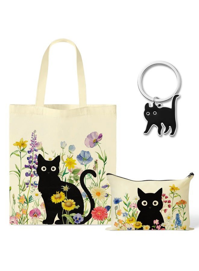 laffact Black Cat Canvas Bag - Cute Cat Wildflower Tote Bag with Inner Pockets, Aesthetic Vintage Flowers Zipper Makeup Bag and Catty Keychain Gifts for Catty Lover Women Family Shopping Grocery Bags - Image 1