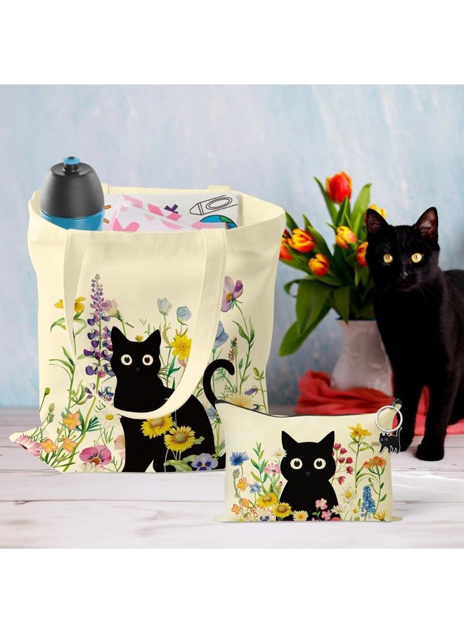 laffact Black Cat Canvas Bag - Cute Cat Wildflower Tote Bag with Inner Pockets, Aesthetic Vintage Flowers Zipper Makeup Bag and Catty Keychain Gifts for Catty Lover Women Family Shopping Grocery Bags - Image 3
