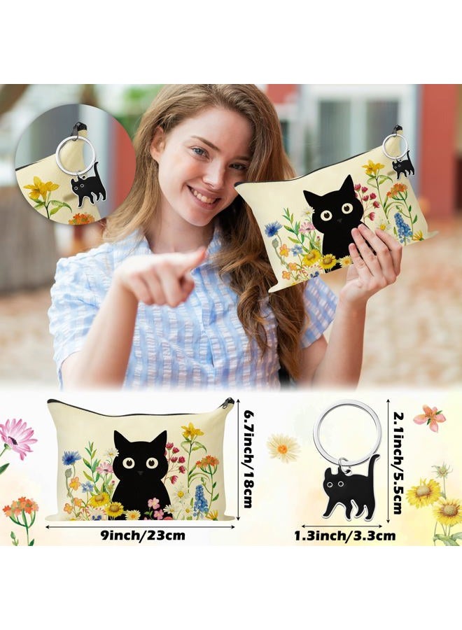 laffact Black Cat Canvas Bag - Cute Cat Wildflower Tote Bag with Inner Pockets, Aesthetic Vintage Flowers Zipper Makeup Bag and Catty Keychain Gifts for Catty Lover Women Family Shopping Grocery Bags - Image 2