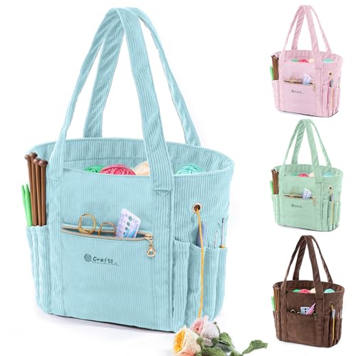 MYBAGZING Corduroy Crochet Bag 115 Large Yarn Storage Tote with Grommets Needle Holders Knitting Bag Organizer for Crochet Hooks Accessories Tools Projects Gift for Knitters Crafters - Image 1