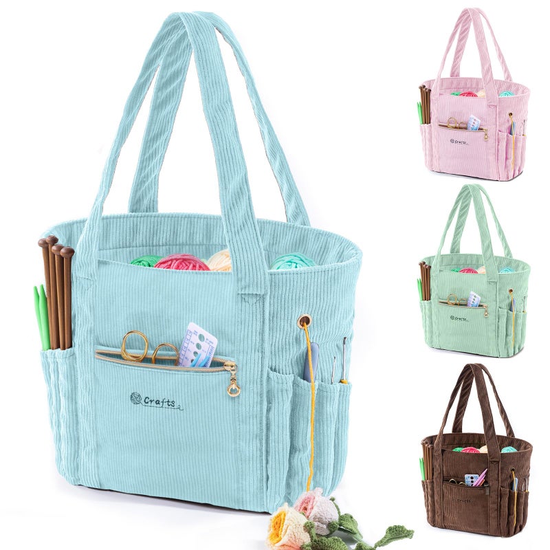 MYBAGZING Corduroy Crochet Bag 115 Large Yarn Storage Tote with Grommets Needle Holders Knitting Bag Organizer for Crochet Hooks Accessories Tools Projects Gift for Knitters Crafters - Image 2