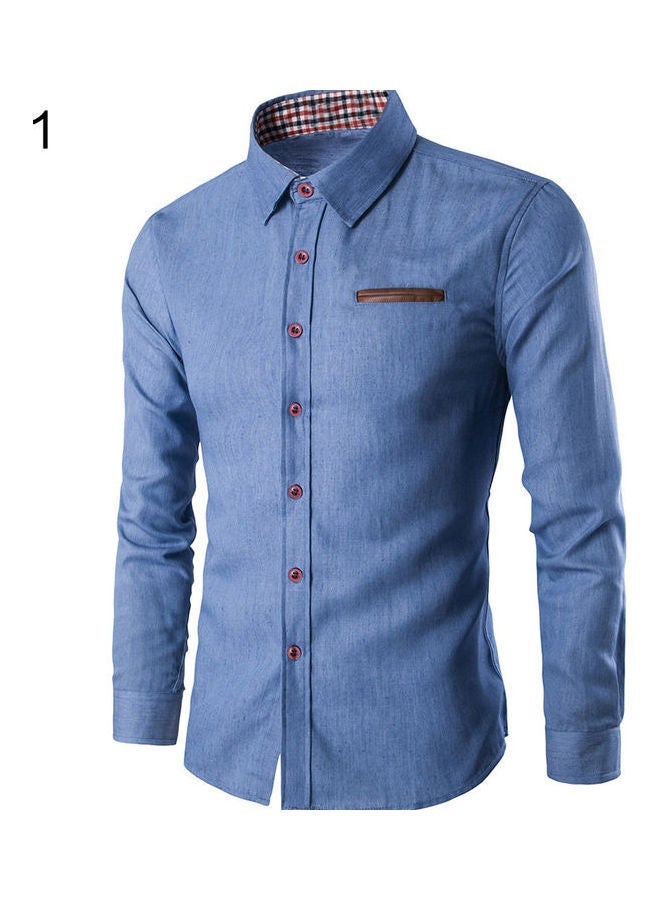 NIBEMINENT Turn Down Collar Denim Shirt Light Blue  - Image 1