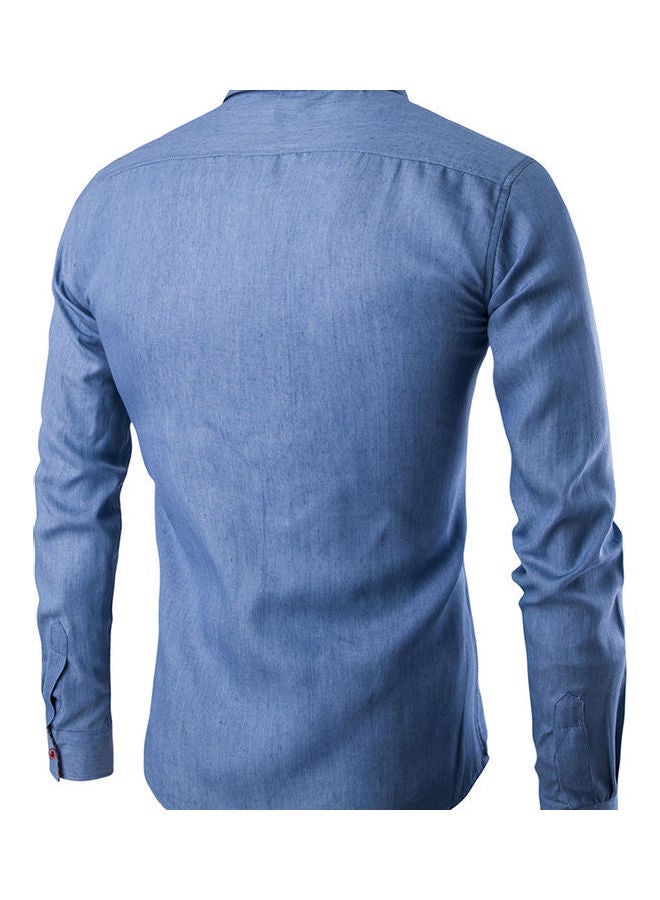 NIBEMINENT Turn Down Collar Denim Shirt Light Blue  - Image 2