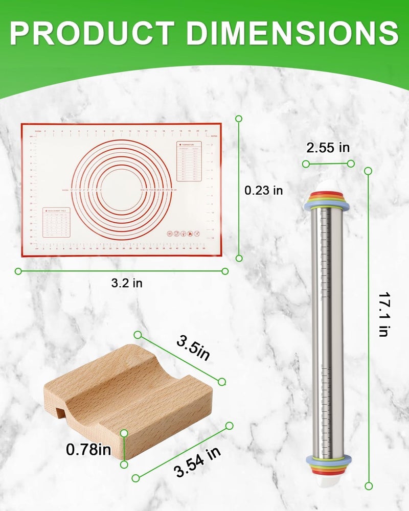 PROKITCHEN Adjustable Stainless Steel Rolling Pin with Thickness Rings for Baking, Dough Roller Pins for Cookie Decorating Baking Supplies with 1PCS Silicone Pastry Mat & 1PCS Rolling Pin Holder - Image 2