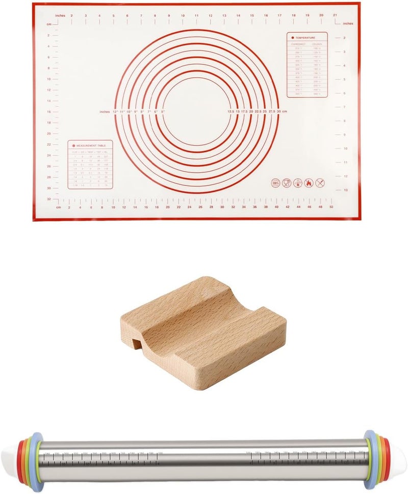 PROKITCHEN Adjustable Stainless Steel Rolling Pin with Thickness Rings for Baking, Dough Roller Pins for Cookie Decorating Baking Supplies with 1PCS Silicone Pastry Mat & 1PCS Rolling Pin Holder - Image 1