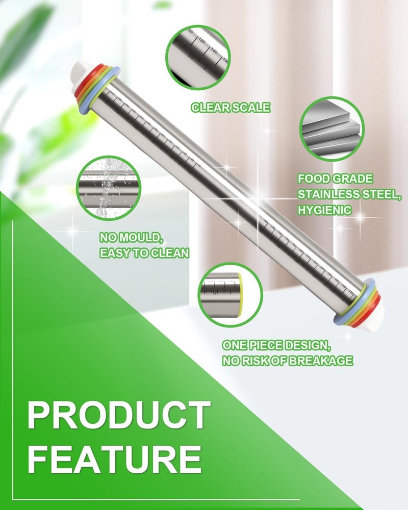 PROKITCHEN Adjustable Stainless Steel Rolling Pin with Thickness Rings for Baking, Dough Roller Pins for Cookie Decorating Baking Supplies with 1PCS Silicone Pastry Mat & 1PCS Rolling Pin Holder - Image 3