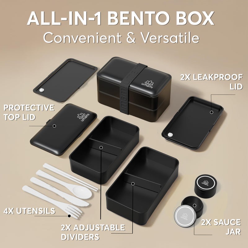 Umami Bento Box Adult All-In-1 w/4 Utensils, 2 Sauce Jar, 2 Dividers, 100% Leakproof, Microwave & Dishwasher Safe, Stackable Bento Lunch Box Containers for Men/Women, Matte Black, 40 oz - Image 3