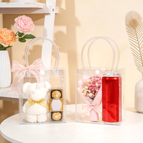 eowqeiur 10 PCS Clear Gift Bags with Handles(2.7x5.1x5.9 Inch) Reusable Transparent PVC Tote Goodie Bags Bulk Wedding Brthday Holiday Party Favors Supplies Wrap Basket Stuffers Goody Pouch Baggies for Presents - Image 4