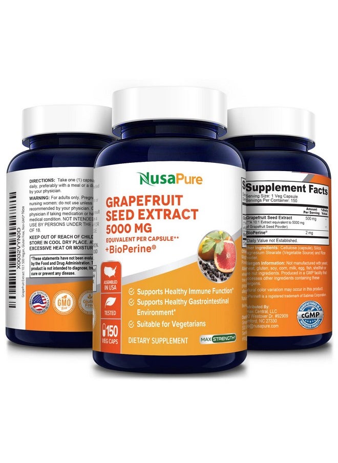 NusaPure - Grapefruit Extract 5000 Mg Per Capsule (Extract 10:1) With Bioperine 150 Veggie Caps; Vegan Gluten Free Nongmo - Image 1