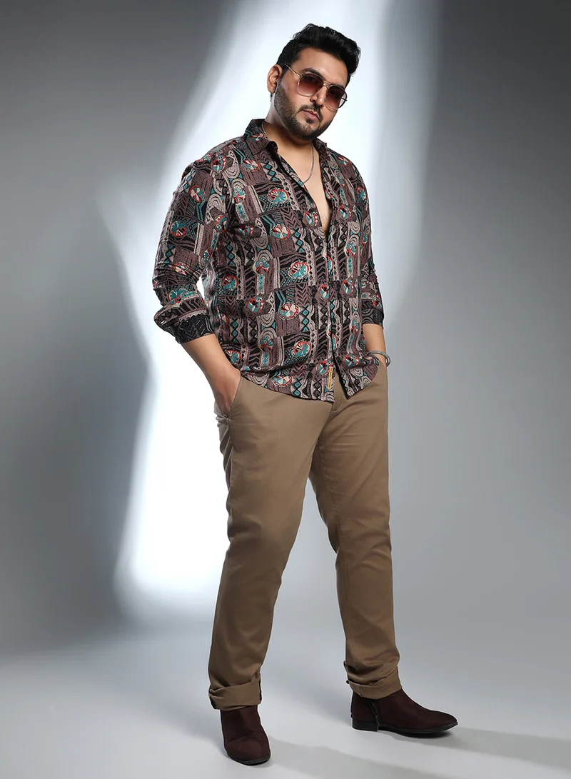 Instafab Plus Instafab Plus Men's Taupe Brown Botanical Relic Shirt For Casual Wear | Spread Collar | Long Cuffed Sleeves | Button Closure | Plus Size Shirt Crafted With Comfort Fit For Everyday Wear