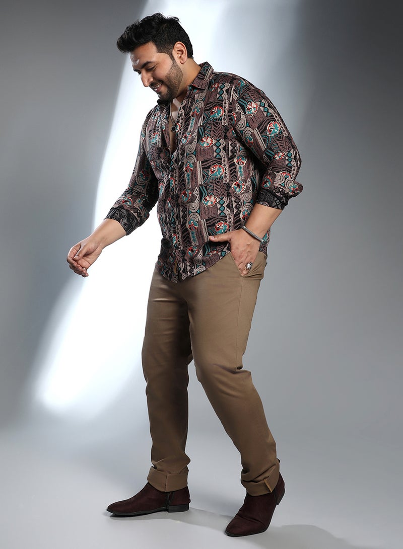 Instafab Plus Instafab Plus Men's Taupe Brown Botanical Relic Shirt For Casual Wear | Spread Collar | Long Cuffed Sleeves | Button Closure | Plus Size Shirt Crafted With Comfort Fit For Everyday Wear - Image 5