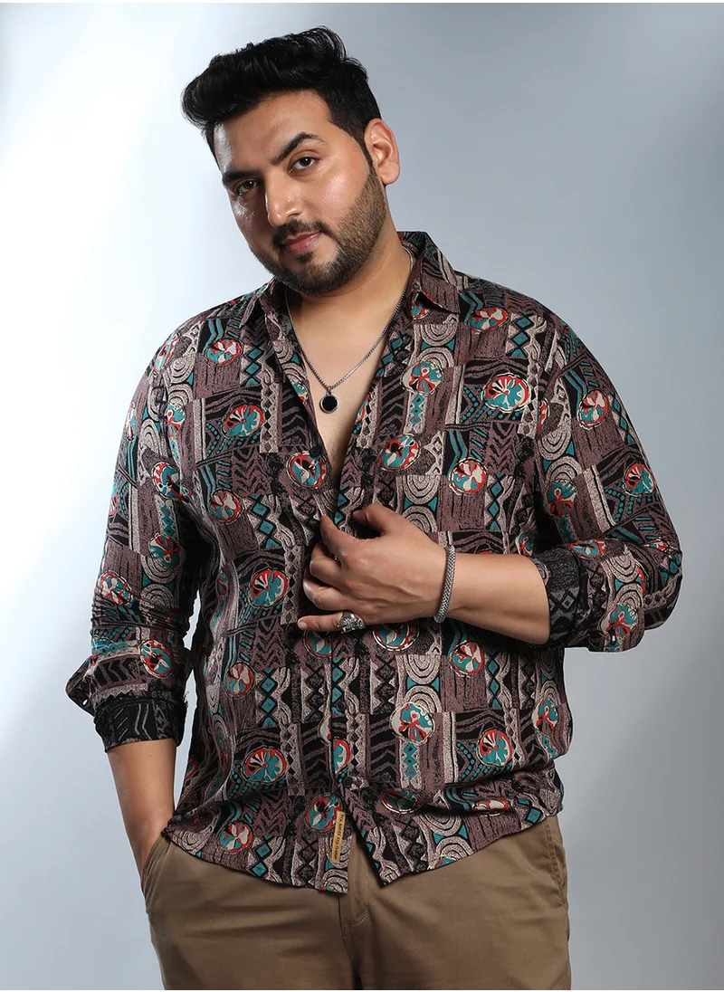 انستافاب بلس Instafab Plus Men's Taupe Brown Botanical Relic Shirt For Casual Wear | Spread Collar | Long Cuffed Sleeves | Button Closure | Plus Size Shirt Crafted With Comfort Fit For Everyday Wear