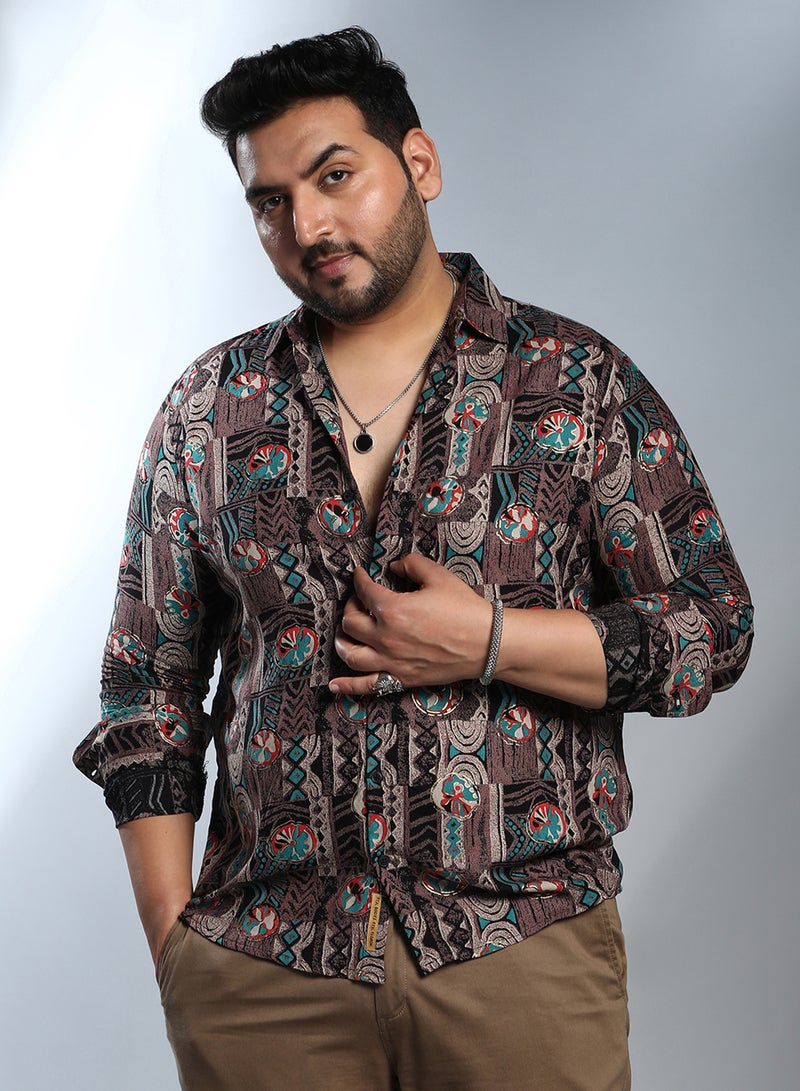 Instafab Plus Instafab Plus Men's Taupe Brown Botanical Relic Shirt For Casual Wear | Spread Collar | Long Cuffed Sleeves | Button Closure | Plus Size Shirt Crafted With Comfort Fit For Everyday Wear - Image 2