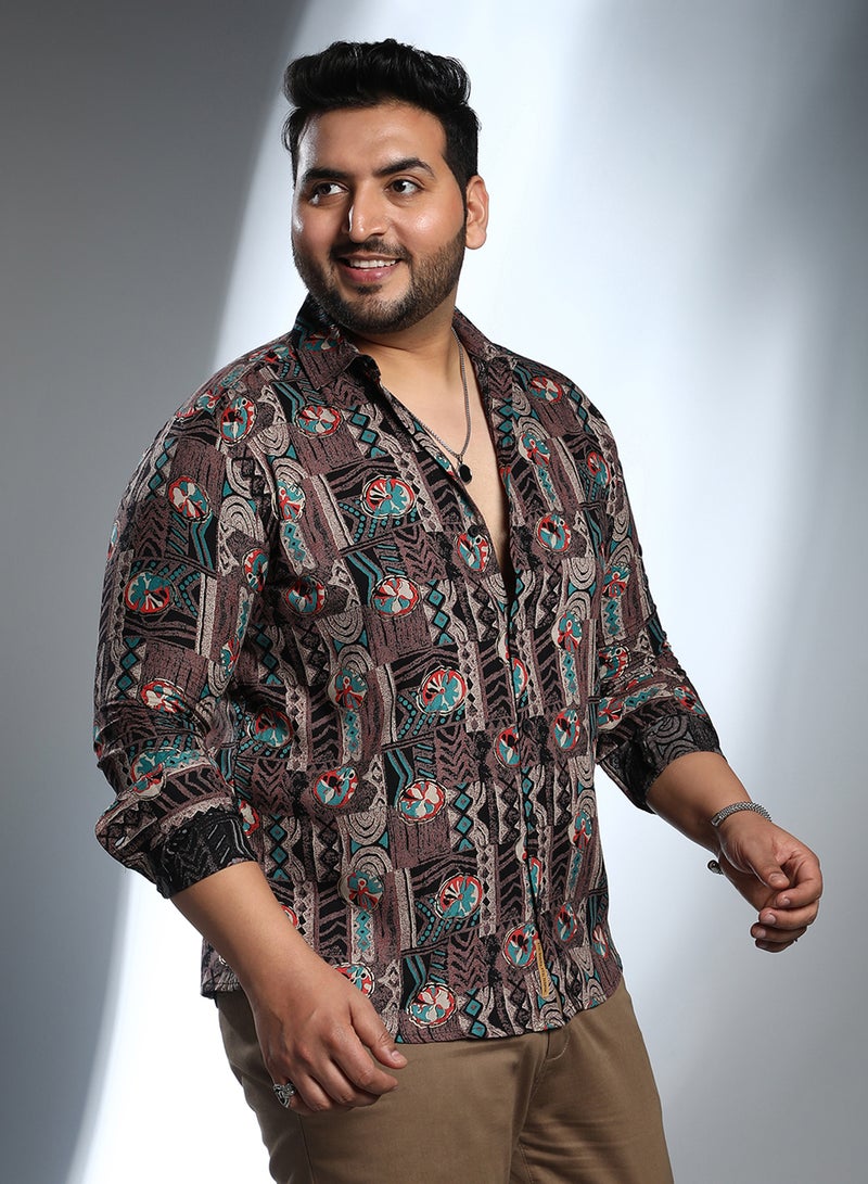Instafab Plus Instafab Plus Men's Taupe Brown Botanical Relic Shirt For Casual Wear | Spread Collar | Long Cuffed Sleeves | Button Closure | Plus Size Shirt Crafted With Comfort Fit For Everyday Wear - Image 3