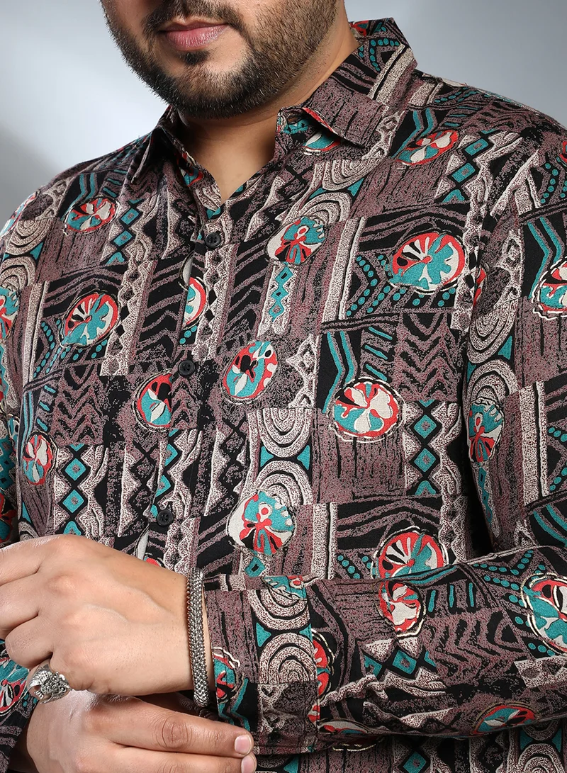 Instafab Plus Instafab Plus Men's Taupe Brown Botanical Relic Shirt For Casual Wear | Spread Collar | Long Cuffed Sleeves | Button Closure | Plus Size Shirt Crafted With Comfort Fit For Everyday Wear