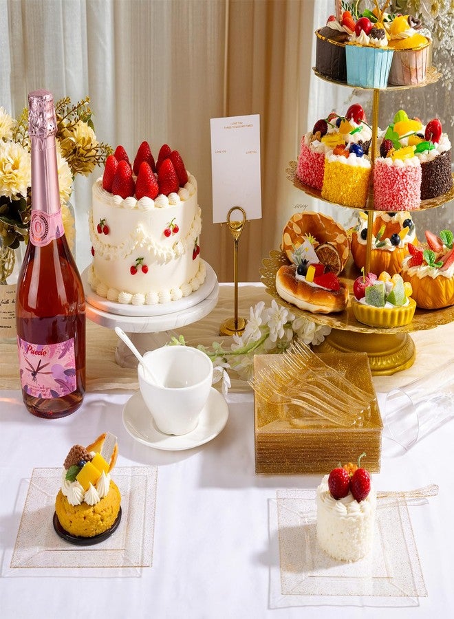 DaYammi 200Pcs Gold Dessert Plates Including 100Pcs Appetizer Plates 6",100Pcs Plastic Forks 5.7",Gold Glitter Plastic Square Plate for Party,Gold Salad Plate and Cake Forks for Wedding Birthday - Image 4