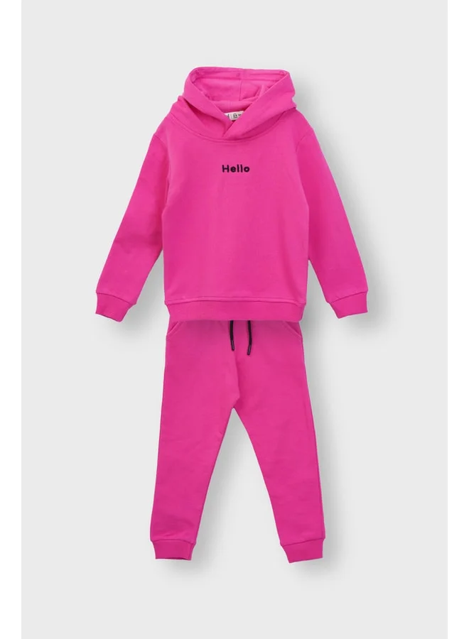 zuzunga Hooded Hello Embroidered Basic Pink Children's Tracksuit.