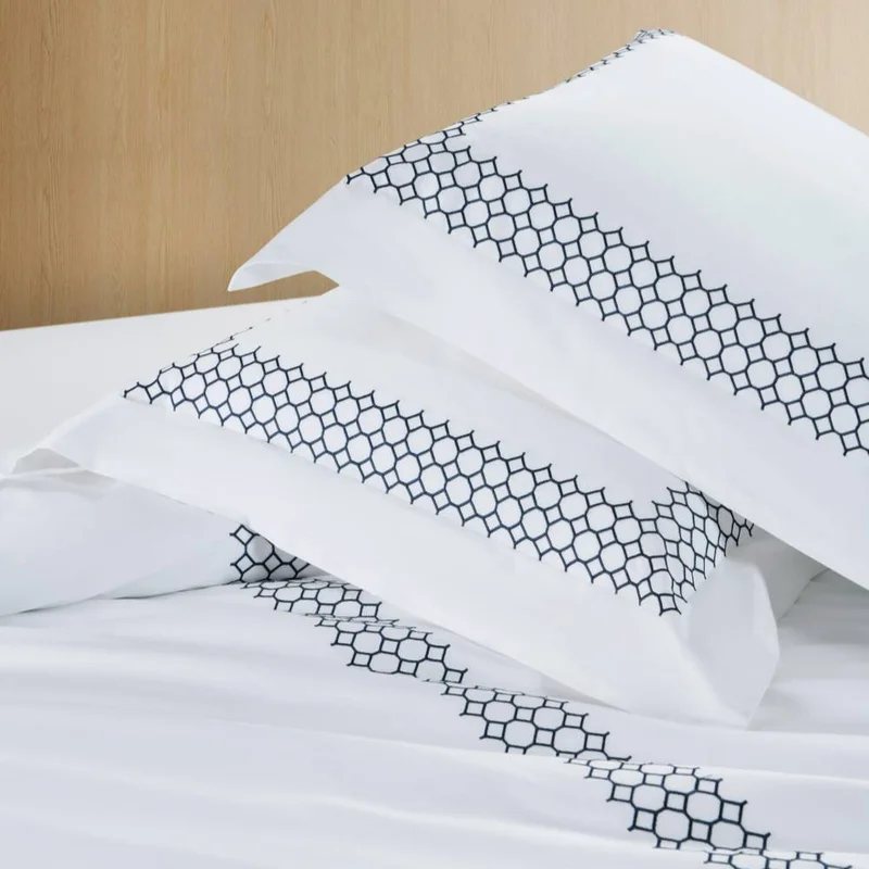 DWELL Dwell-Honeycomb Embroidered Duvet Cover Set - White/Navy-Duvet Cover - 260 x 240 CM, Fitted Sheet - 200 x 200 x 38 CM Pillow cases 50 x 80CM-White/Blue