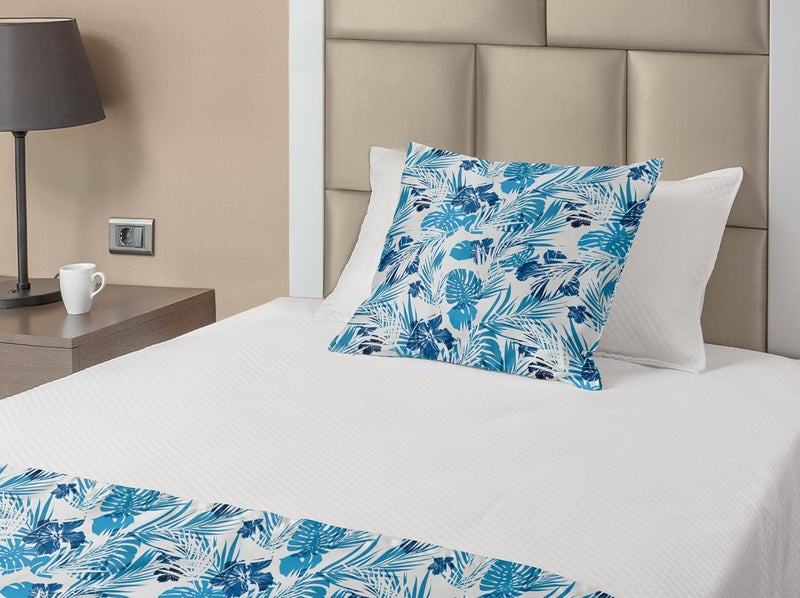 Ambesonne Leaf Bed Runner Set, Island Ocean Beach Sea Inspired Hawaiian Flowers Palm Tree Leaves Art Print, Decorative Bedding Scarf and a Pillow Sham for Hotels Homes, Twin, Blue Lilac - Image 2