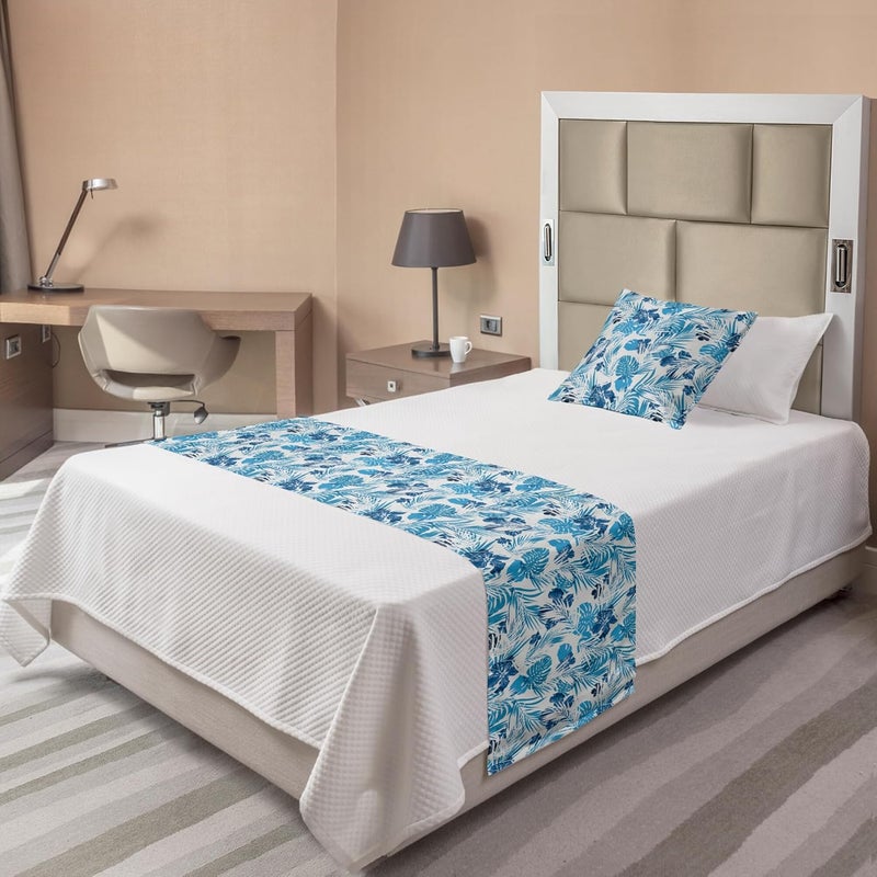 Ambesonne Leaf Bed Runner Set, Island Ocean Beach Sea Inspired Hawaiian Flowers Palm Tree Leaves Art Print, Decorative Bedding Scarf and a Pillow Sham for Hotels Homes, Twin, Blue Lilac - Image 1