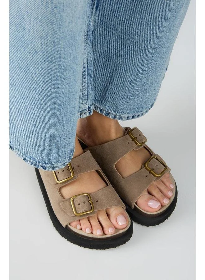 Manijero  Sevalli Women's Genuine Leather Double Buckle Beige Slippers. for Women | Best Price UAE