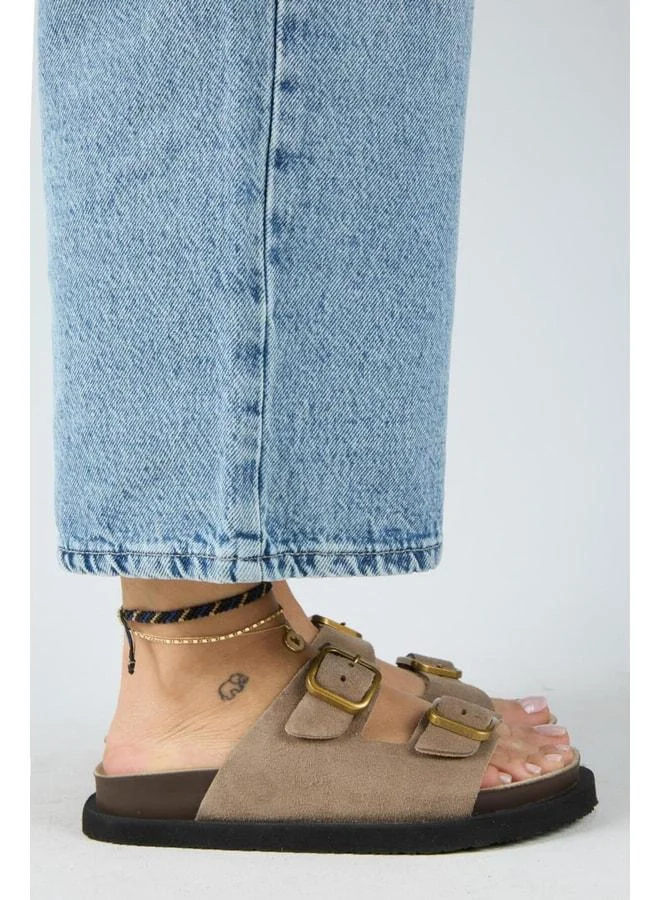 Sevalli Women's Genuine Leather Double Buckle Beige Slippers.
