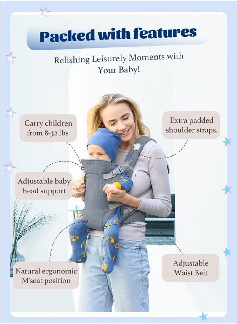 insular Newborn Baby Carrier, Baby Lumbar Stool, 0-36 Months, C-Shaped Spine Support Baby Carrier, 5-Point Safety Harness Breastfeeding Carrier, Adjustable Ergonomic Infant Carrier (Grey) - Image 2