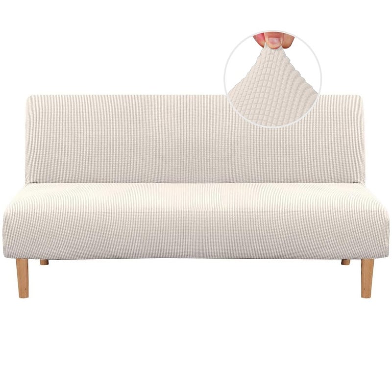 HVERSAILTEX Armless Futon Cover Stretch Sofa Bed Slipcover Protector Elastic Feature Rich Textured High Spandex Small Checks Jacquard Fabric Futon Cover Machine Washable Ivory