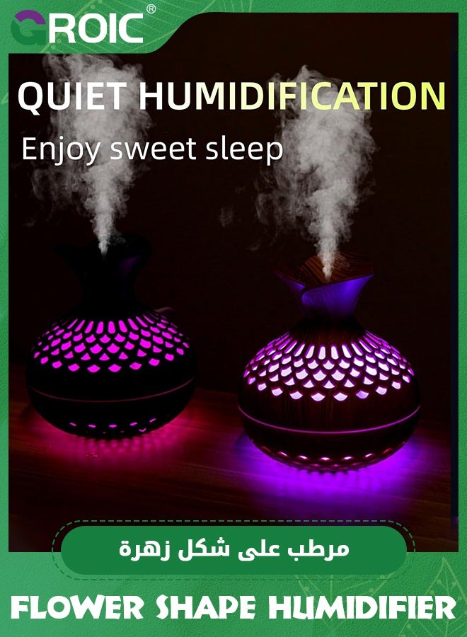 GROIC مرطب هواء على شكل خشب سعة 300 مل مع 7 ألوان إضاءة ليلية LED، مرطب هواء على شكل زهرة، وضعان للضباب، فائق الهدوء، مرطب هواء سطح مكتب USB للسيارة، غرفة المكتب، غرفة النوم، المكتب، السفر (خشب داكن) - Image 2