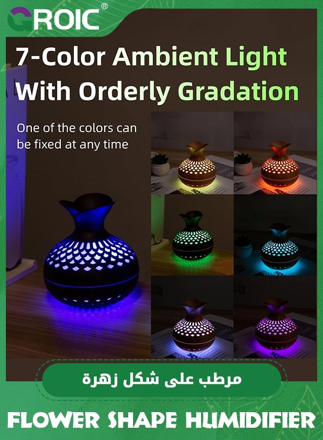 GROIC مرطب هواء على شكل خشب سعة 300 مل مع 7 ألوان إضاءة ليلية LED، مرطب هواء على شكل زهرة، وضعان للضباب، فائق الهدوء، مرطب هواء سطح مكتب USB للسيارة، غرفة المكتب، غرفة النوم، المكتب، السفر (خشب داكن) - Image 5