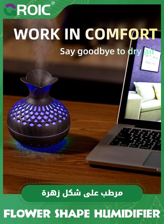 GROIC مرطب هواء على شكل خشب سعة 300 مل مع 7 ألوان إضاءة ليلية LED، مرطب هواء على شكل زهرة، وضعان للضباب، فائق الهدوء، مرطب هواء سطح مكتب USB للسيارة، غرفة المكتب، غرفة النوم، المكتب، السفر (خشب داكن) - Image 3