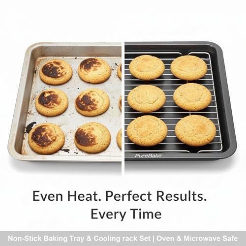PureBake Non-Stick Carbon Steel Oven Tray for Baking with Cooling Rack | 37x25.5cm Baking Tray for Microwave Oven | PFOA-Free, Dishwasher Safe, Heat Resistant 200°C | Ideal for Roasting & Grilling - Image 3