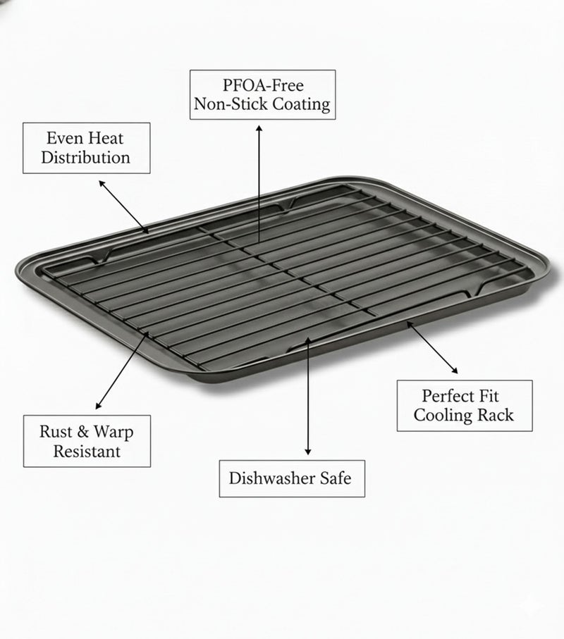 PureBake Non-Stick Carbon Steel Oven Tray for Baking with Cooling Rack | 37x25.5cm Baking Tray for Microwave Oven | PFOA-Free, Dishwasher Safe, Heat Resistant 200°C | Ideal for Roasting & Grilling - Image 4