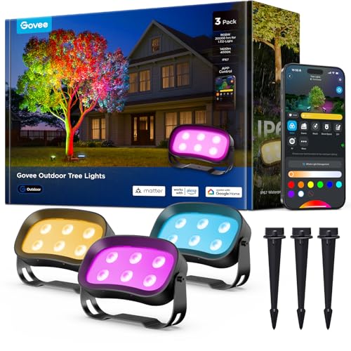 Govee Outdoor Tree Lights 3Pack RGBWIC LED Landscape Lighting Outdoor Lights for Yard Garden Patio 66 Scene Modes for Holiday Party and Event App Control Google Assistant Matter - Image 1
