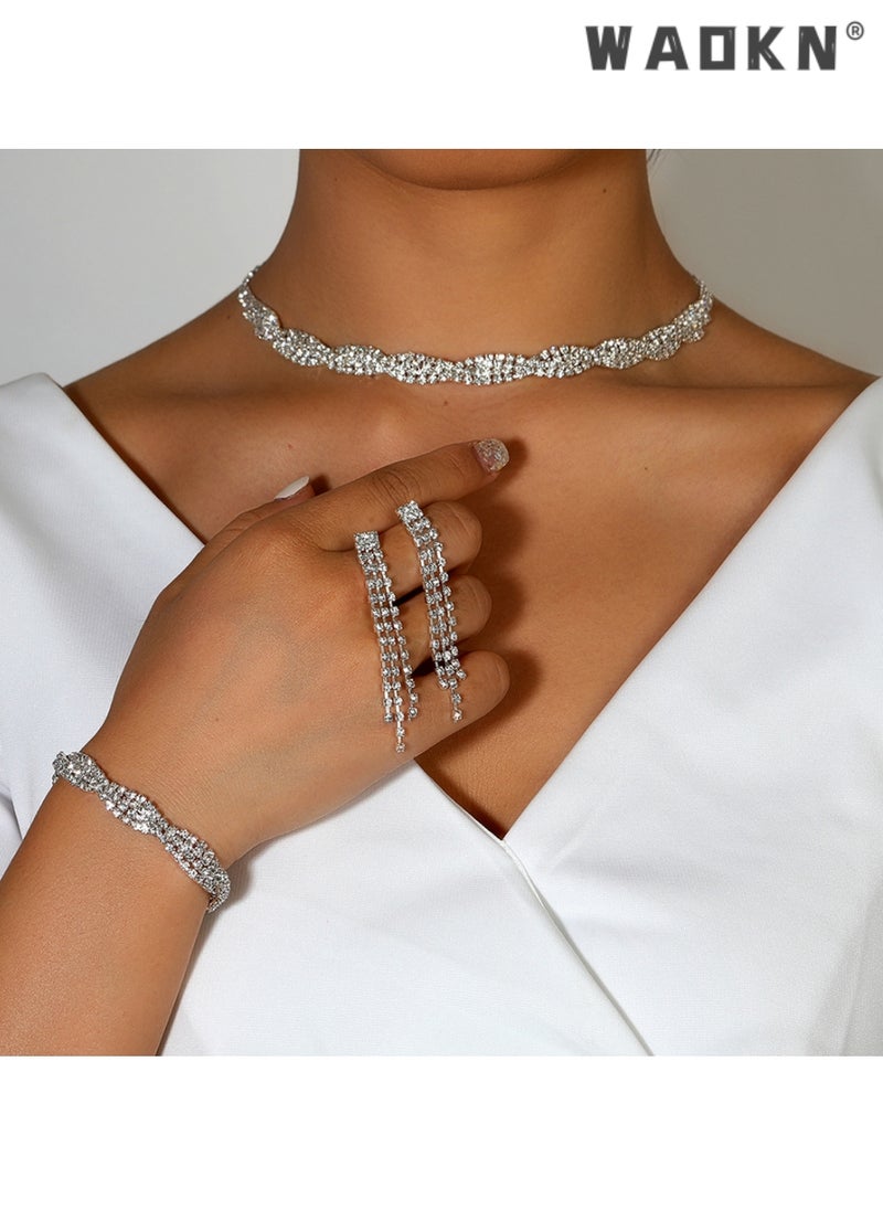WAOKN 3 Pcs Necklace Bracelet and Earrings Set Full Diamond Necklace Crystal Earrings Wedding Bridal Bridesmaid Costume Jewelry Set for Women and Girls Dress Accessories  - Image 1