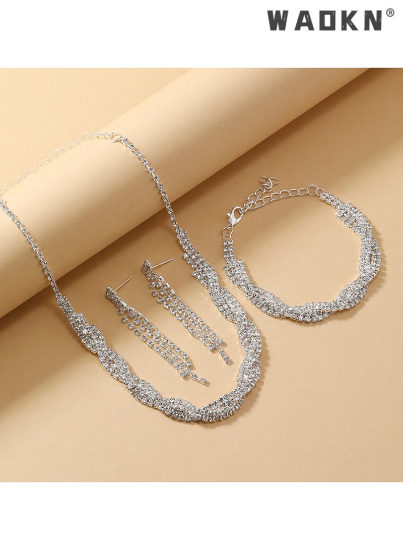 3 Pcs Necklace Bracelet and Earrings Set Full Diamond Necklace Crystal Earrings Wedding Bridal Bridesmaid Costume Jewelry Set for Women and Girls Dress Accessories