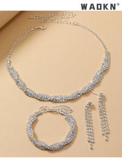 WAOKN 3 Pcs Necklace Bracelet and Earrings Set Full Diamond Necklace Crystal Earrings Wedding Bridal Bridesmaid Costume Jewelry Set for Women and Girls Dress Accessories  - Image 5