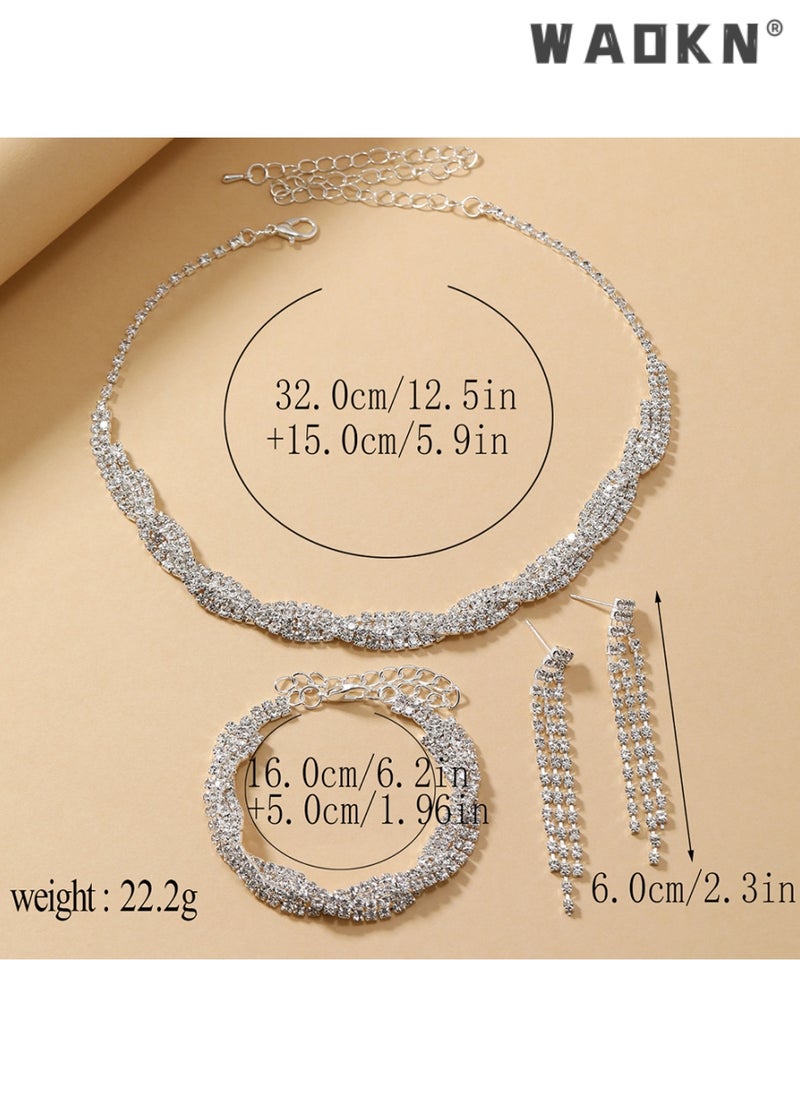 WAOKN 3 Pcs Necklace Bracelet and Earrings Set Full Diamond Necklace Crystal Earrings Wedding Bridal Bridesmaid Costume Jewelry Set for Women and Girls Dress Accessories  - Image 2