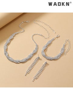 WAOKN 3 Pcs Necklace Bracelet and Earrings Set Full Diamond Necklace Crystal Earrings Wedding Bridal Bridesmaid Costume Jewelry Set for Women and Girls Dress Accessories  - Image 4