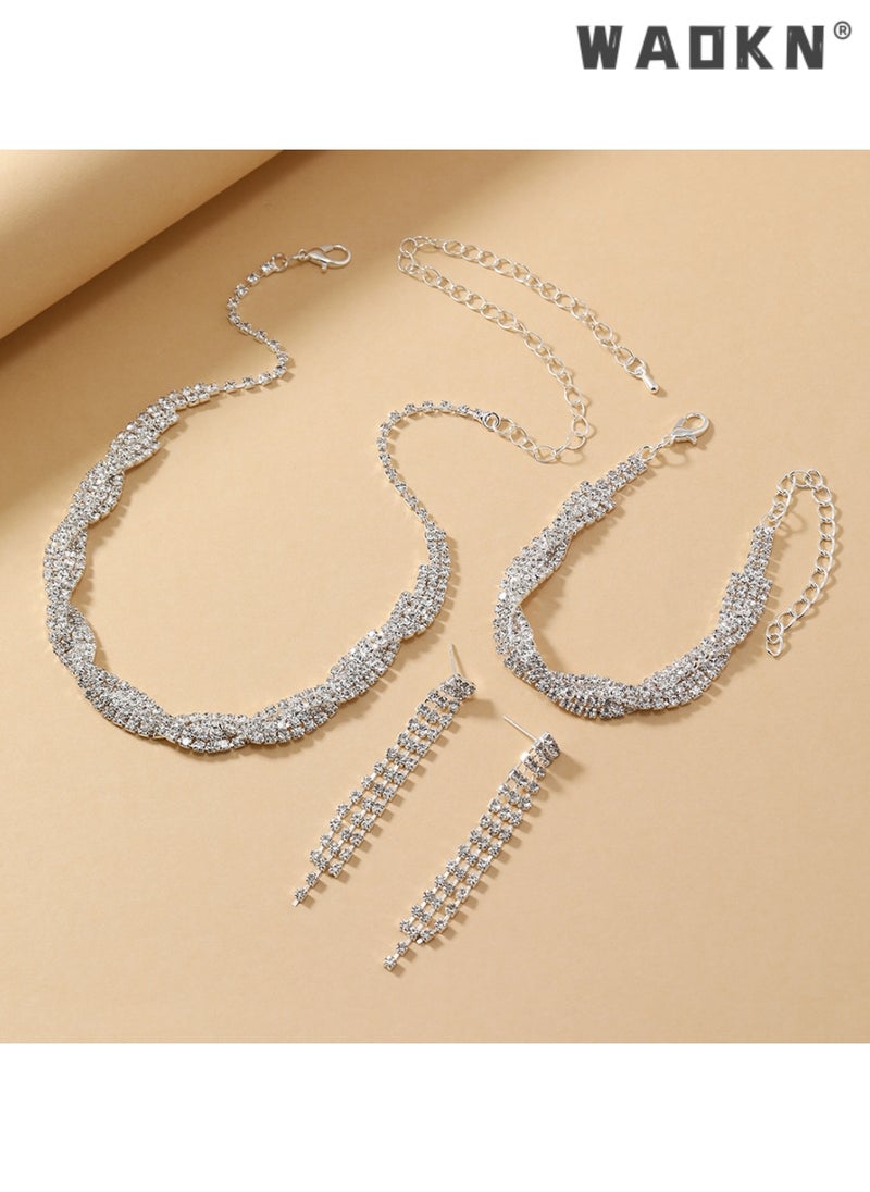 WAOKN 3 Pcs Necklace Bracelet and Earrings Set Full Diamond Necklace Crystal Earrings Wedding Bridal Bridesmaid Costume Jewelry Set for Women and Girls Dress Accessories  - Image 4