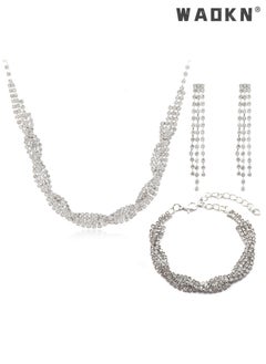 WAOKN 3 Pcs Necklace Bracelet and Earrings Set Full Diamond Necklace Crystal Earrings Wedding Bridal Bridesmaid Costume Jewelry Set for Women and Girls Dress Accessories  - Image 3