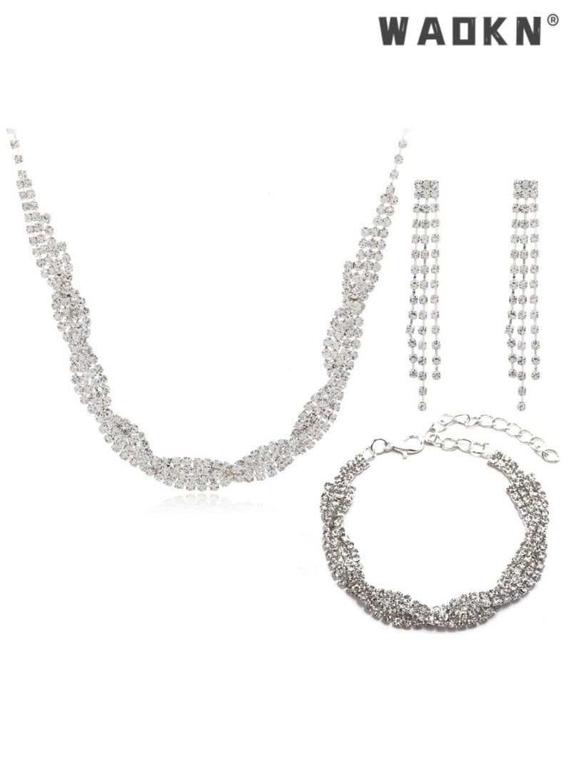 WAOKN 3 Pcs Necklace Bracelet and Earrings Set Full Diamond Necklace Crystal Earrings Wedding Bridal Bridesmaid Costume Jewelry Set for Women and Girls Dress Accessories  - Image 3